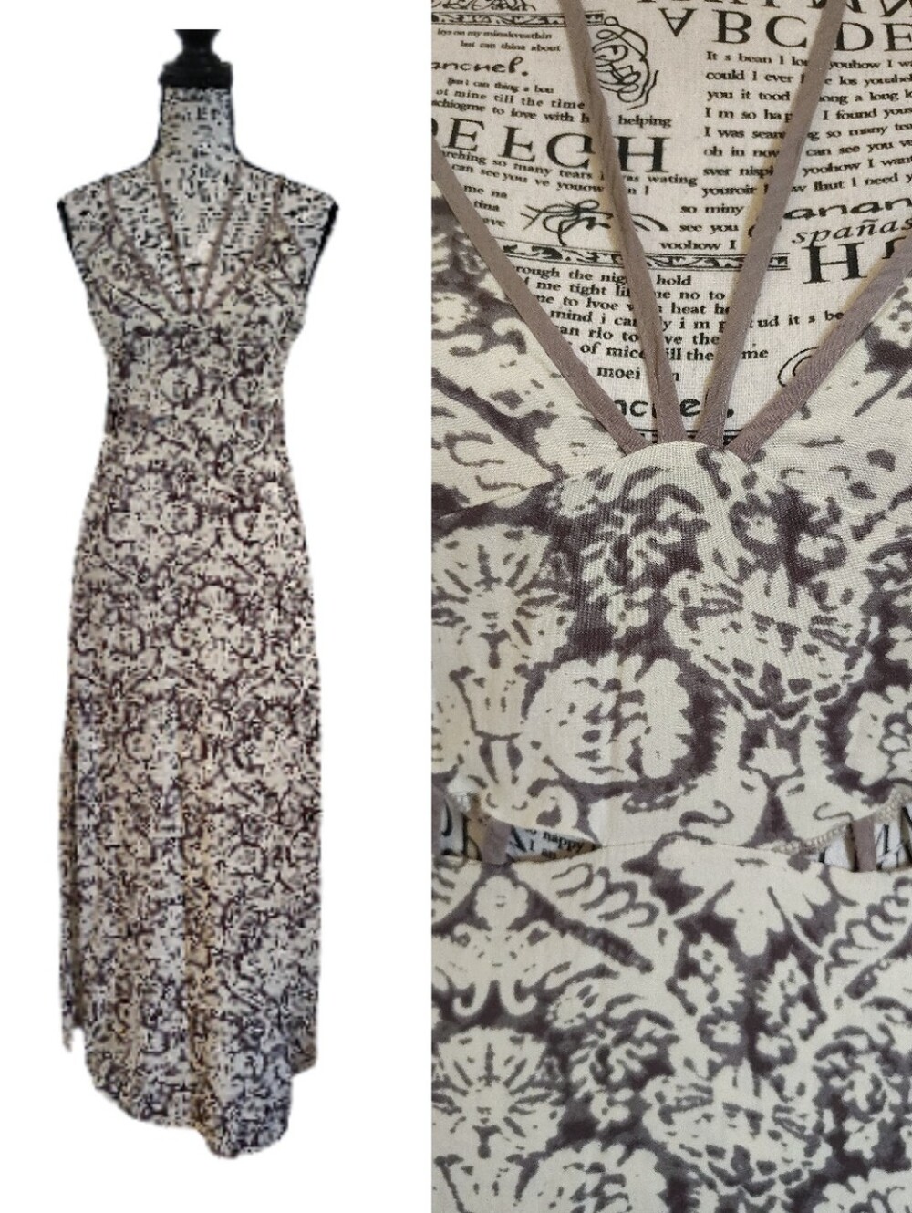 VTG 90s Cream & Taupe Damask Print Strappy Halter Maxi Dress Medium  Cutouts